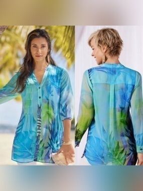 NWT Soft Surroundings Tunic, Sz. S, Blue/Green Pastel, Button-Up, Semi-Sheer